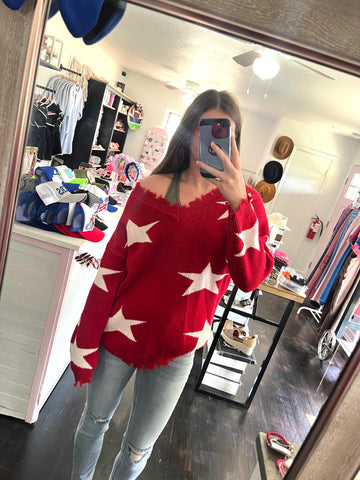 Beth Red Star Cutoff Sweater