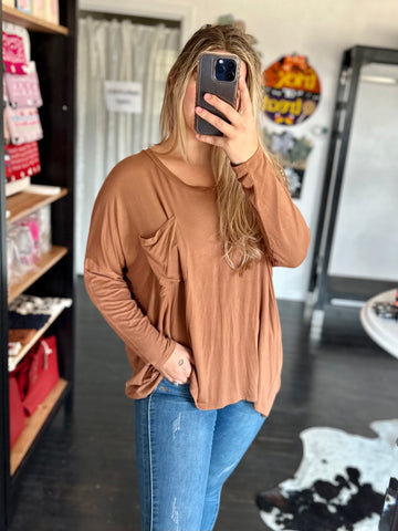 Mocha Drop Shoulder Pocket Top