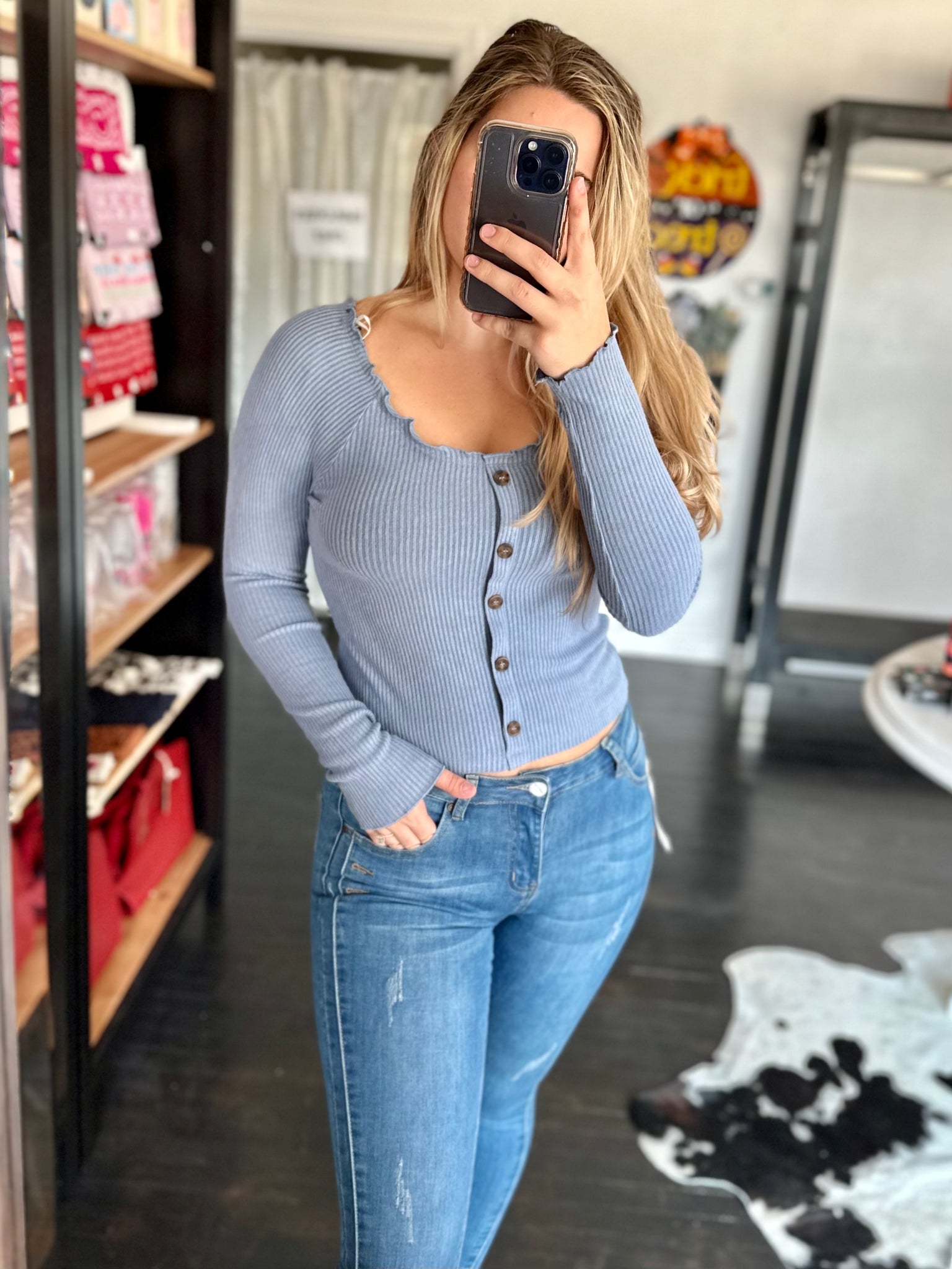 Slate Long Sleeve Button Top