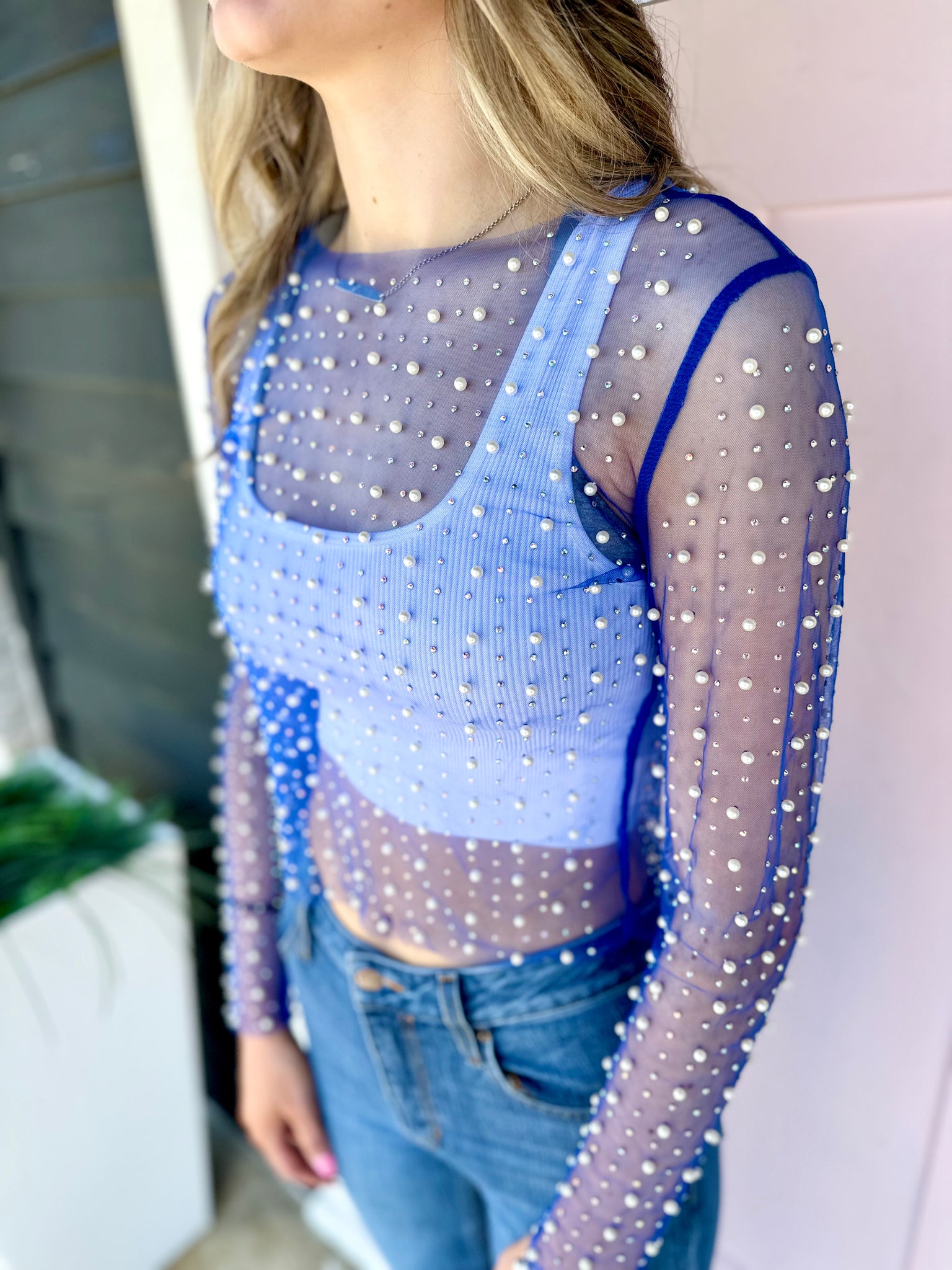 Ava Mesh Pearl and Rhinestone Top - Blue