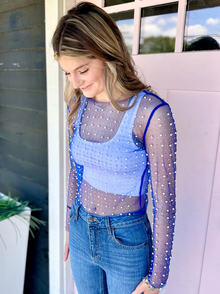 Ava Mesh Pearl and Rhinestone Top - Blue