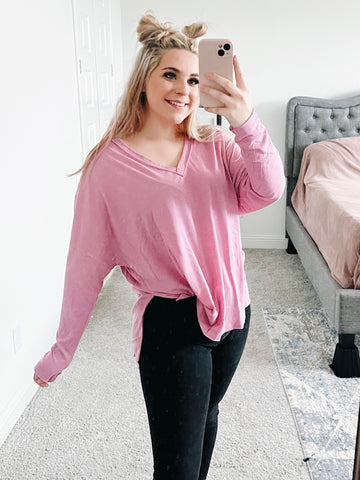 Mauve V-Neck Long Sleeve Top